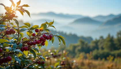 Dew-covered berries hang on branches as sunlight breaks over the mountains, illuminating the mist and creating a serene early morning atmosphere