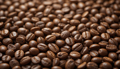 Fototapeta premium Dark roasted coffee beans are displayed with rich brown hues and glossy surfaces, emphasizing their quality and freshness. Perfect for coffee enthusiasts looking to brew