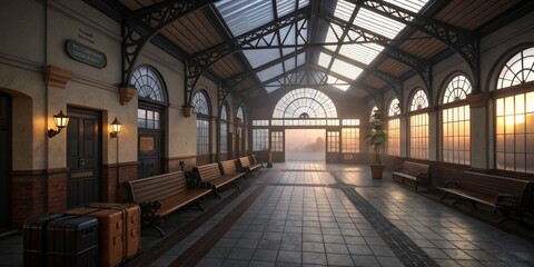 Sunset light fills an old train station waiting area with empty benches and vintage decor in a serene travel atmosphere