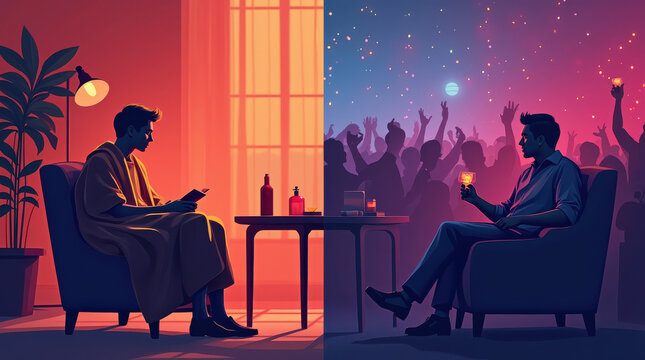 Dual Lifestyles: Quiet Solitude vs. Vibrant Partying with Contrasting Colors
