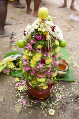Traditional coconut kumbam for pooja. Traditional tamil pooja spread with coconut kumbam