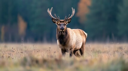 Majestic elk in autumn meadow, forest background, wildlife scene, nature photography