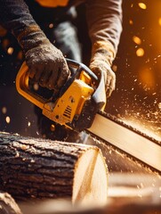 Chainsaw cutting through a log in a workshop during golden hour