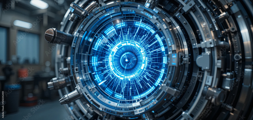 Poster a detailed machinery component featuring intricate designs and glowing blue patterns is prominently 