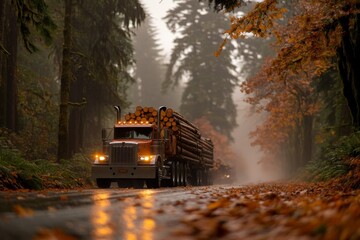 Logging truck navigates a misty forest road in autumn during a rainy day