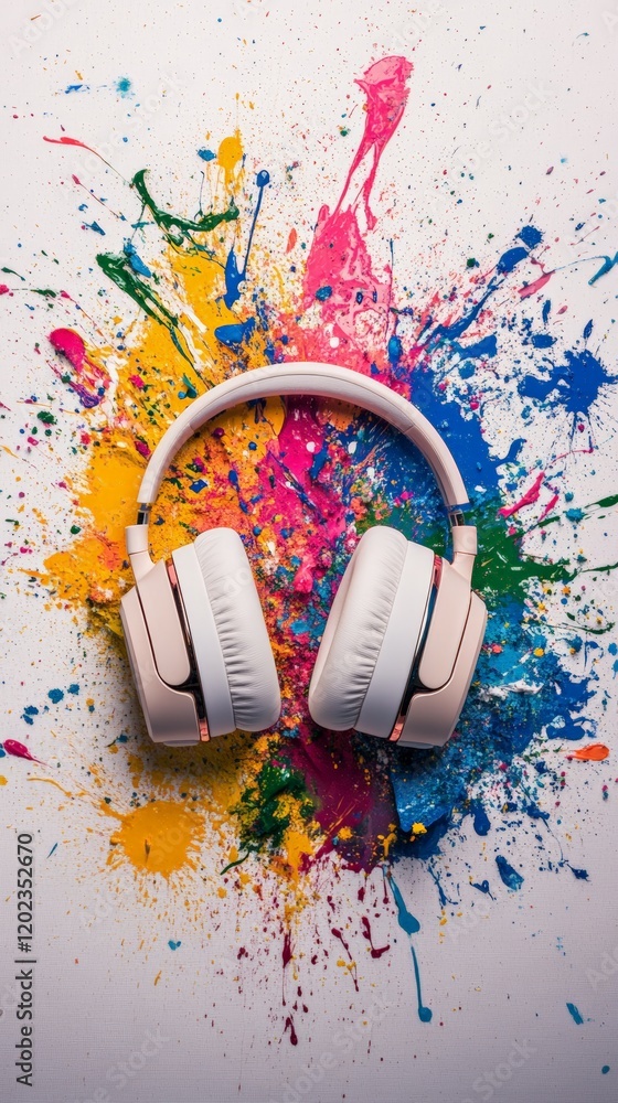 Poster wireless headphones are placed on a white background splattered with colorful paint, creating a vibr