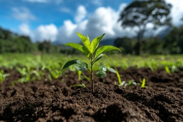 Newly planted tea sapling thriving in rich soil under a bright sky in a verdant field