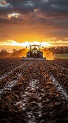 Fototapeta premium Tractor plowing a field at sunset with golden sky and dust in the air