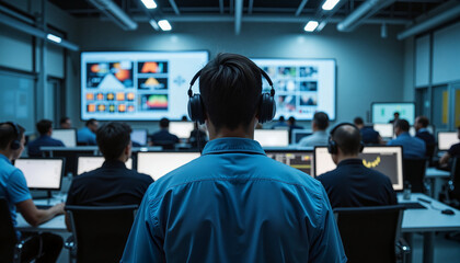 Fototapeta premium Engineers observing production in control room, high-tech monitoring