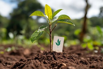 New plant sprouting in fertile soil with identification tag in lush garden setting under sunlight
