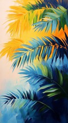 Vibrant palm leaves against a bright tropical background showcasing artistry and nature