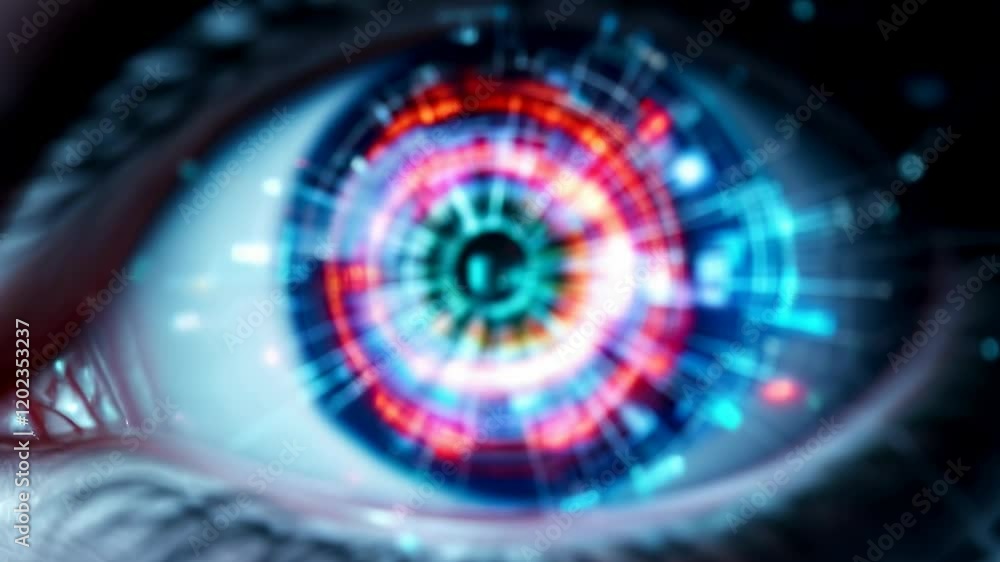 Poster futuristic digital eye with cybernetic circle interface. advanced technology vision concept with glo