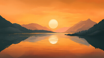 A golden hue sunset over a serene landscape with a gold textured lake, golden, landscape, lake, peaceful, calmness. Serene Sunset Reflection. Illustration