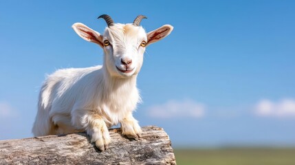 Obraz premium Cute goat resting on log, sunny pasture. Farm animal photography for websites