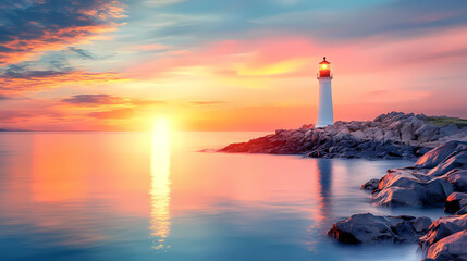 A serene lighthouse on a rocky coast during sunset, with a glowing sky and calm waters creating a tranquil seascape. Serene Sunset Reflection. Illustration