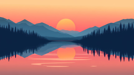 Fototapeta premium A serene sunset over a tranquil lake. Serene Sunset Reflection. Illustration