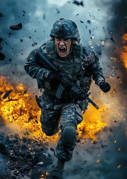 Un soldat en uniforme courant et hurlant au milieu d'un champ de bataille, explosion et flammes en arri&egrave;re-plan.