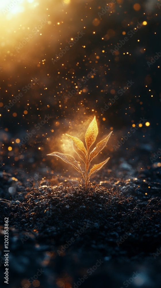 Poster sprouting plant illuminated by glowing light in enchanting forest setting during twilight