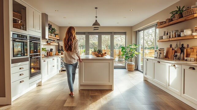 Woman admiring modern kitchen with garden view in new home