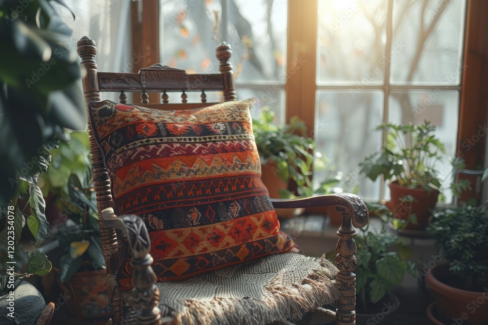 Poster a vibrant cushion with ethnic patterns adds warmth to a rocking chair beside a large window flooded 