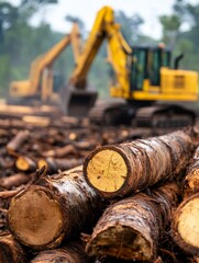 Logging operation in a forested area with machinery harvesting timber during daylight hours