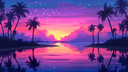 Fototapeta premium A vibrant sunset over a tropical beach with palm trees and colorful skies. Serene Sunset Reflection. Illustration