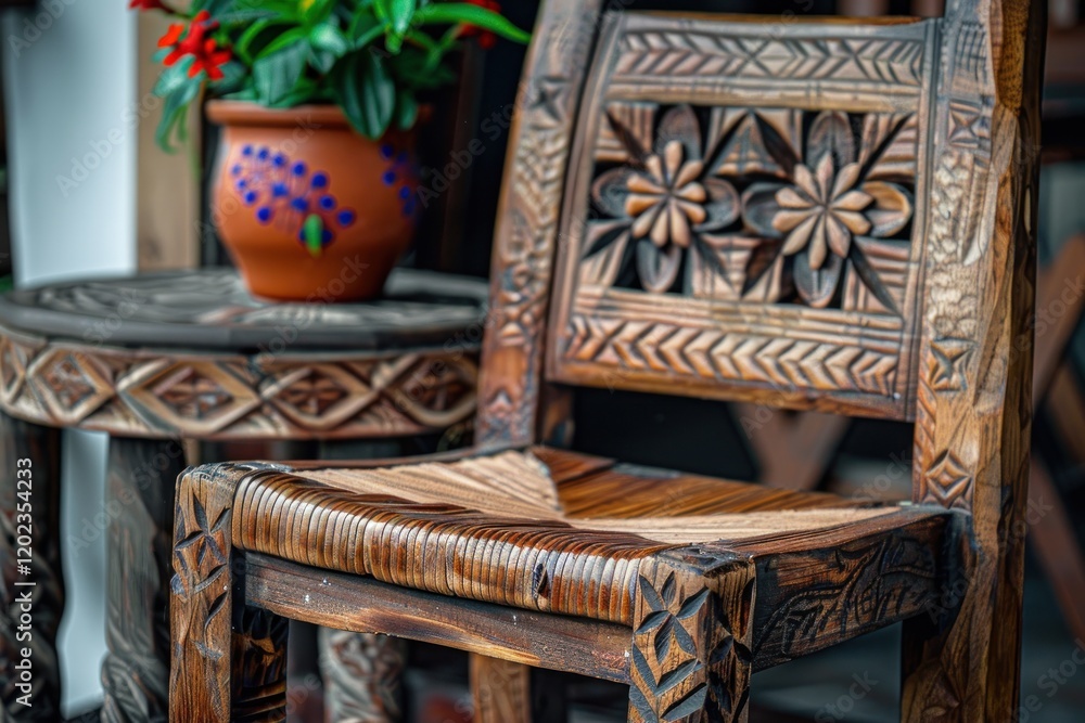 Poster a hand-carved chair with intricate patterns stands beside a rustic table decorated with ethnic ornam