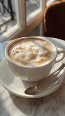 Obraz premium Rich coffee with frothy cream and sprinkle of spice on marble table near a window