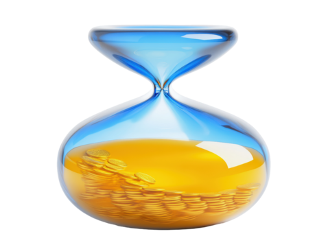 Isolated Hourglass with Gold Coins and Liquid