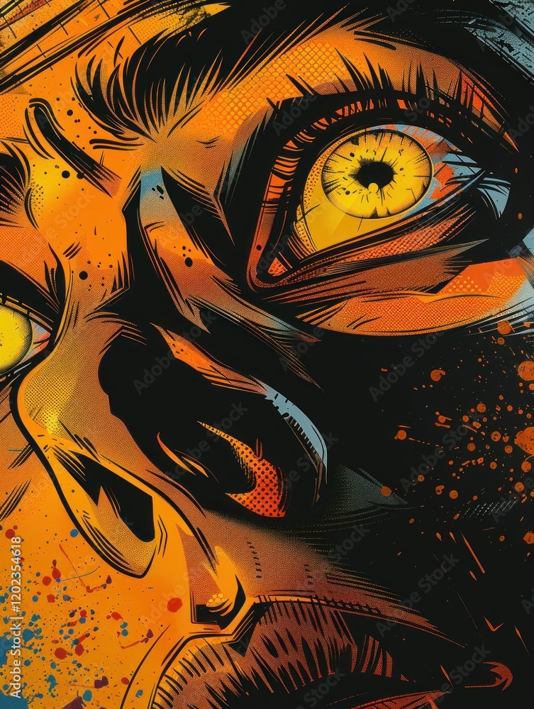 Poster close-up of a comic panel in progress, featuring vibrant colors and sharp lines that enhance express