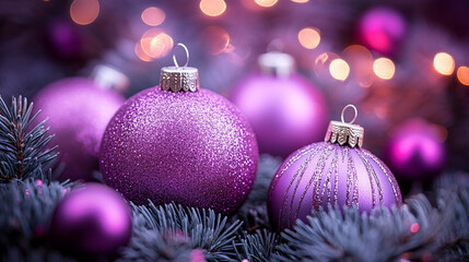 Obraz premium Purple Christmas ornaments decorate a festive holiday setting with warm lights