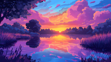 Colorful sunset skies reflecting in the tranquil waters of willow lake, sun, evening, clouds. Serene Sunset Reflection. Illustration