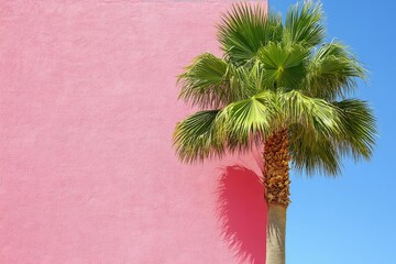 Palm tree contrasts against vibrant pink wall under clear blue sky in bright sunlight