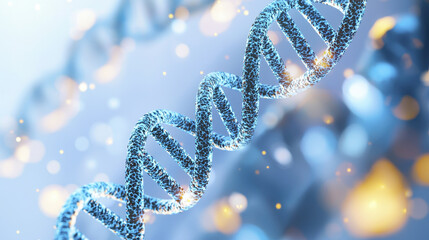 DNA structure with blue strands and glowing particles, symbolizing genetic research and innovation