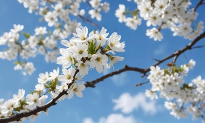 Fototapeta premium Close-up of white cherry blossom tree branches against bright blue sky, floral, spring