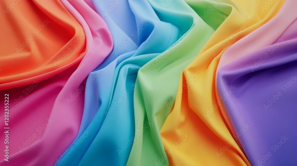 Poster colorful draped fabric texture with flowing rainbow gradient pattern on smooth material surface