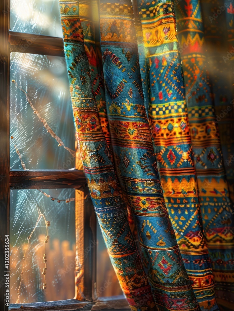 Poster sunlight filters through a colorful ethnic-patterned curtain, creating vibrant shadows against a rus