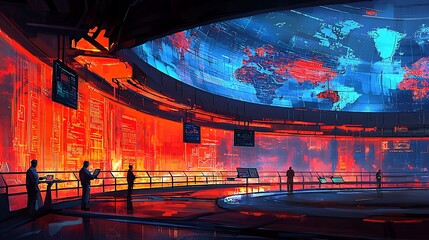 Global network monitoring center, futuristic control room, analysts reviewing data, city backdrop