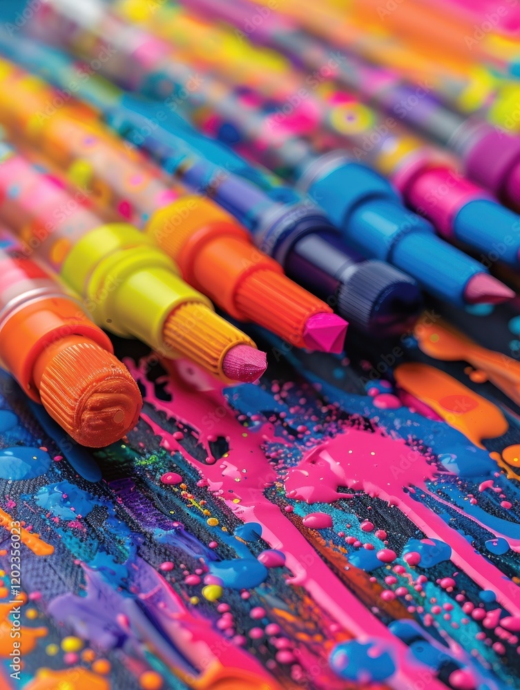 Poster a close-up view focuses on bold halftone patterns and vibrant markers, showcasing artistic tools for