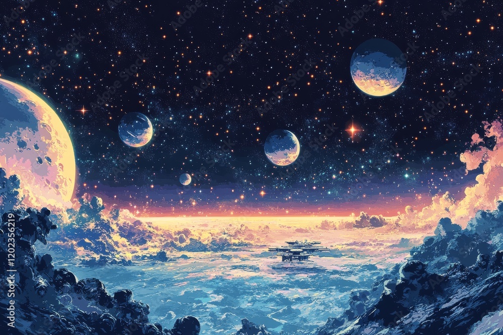 Wall mural exploration of outer space with a futuristic spacecraft orbiting a distant moon