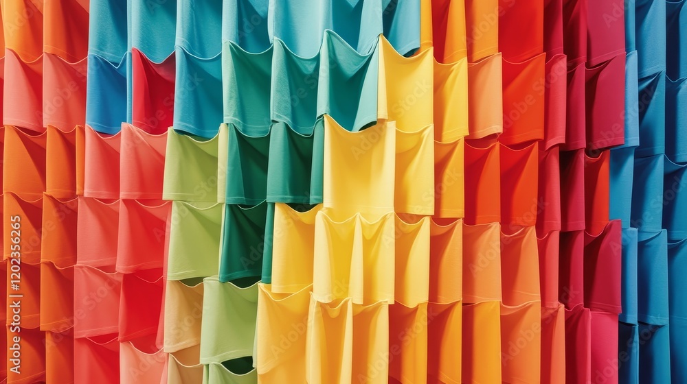 Poster colorful fabric stacked in a rectangular pattern displaying varied shades and textures