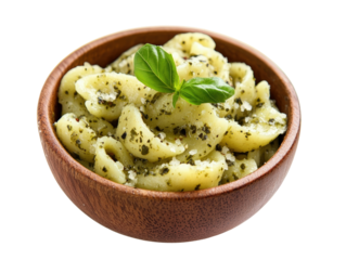 Isolated Wooden Bowl of Pasta with Pesto
