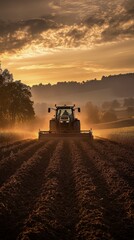 Fototapeta premium Tractor plowing a field at sunset with golden sky and dust in the air
