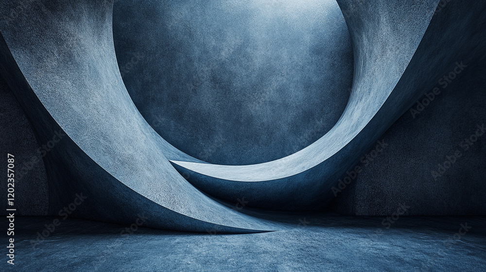 Poster architectural shapes create a futuristic space with soft lighting in a minimalist design