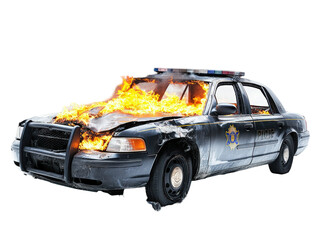 Isolated Burning Police Car on White