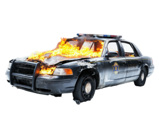 Isolated Burning Police Car on White