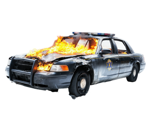 Isolated Burning Police Car on White