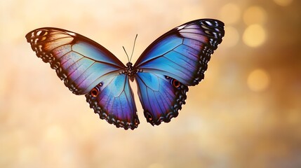 Blue Morpho Butterfly Wings Against Soft Golden Background