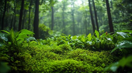Obraz premium Dense, lush green forest canopy, showcasing vibrant foliage and natural beauty. Perfect for nature, environmental themes, and scenic backgrounds.