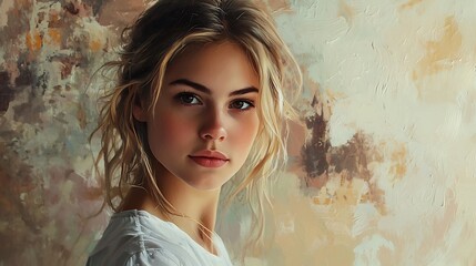 Fototapeta premium Portrait young woman with blonde hair in a white shirt